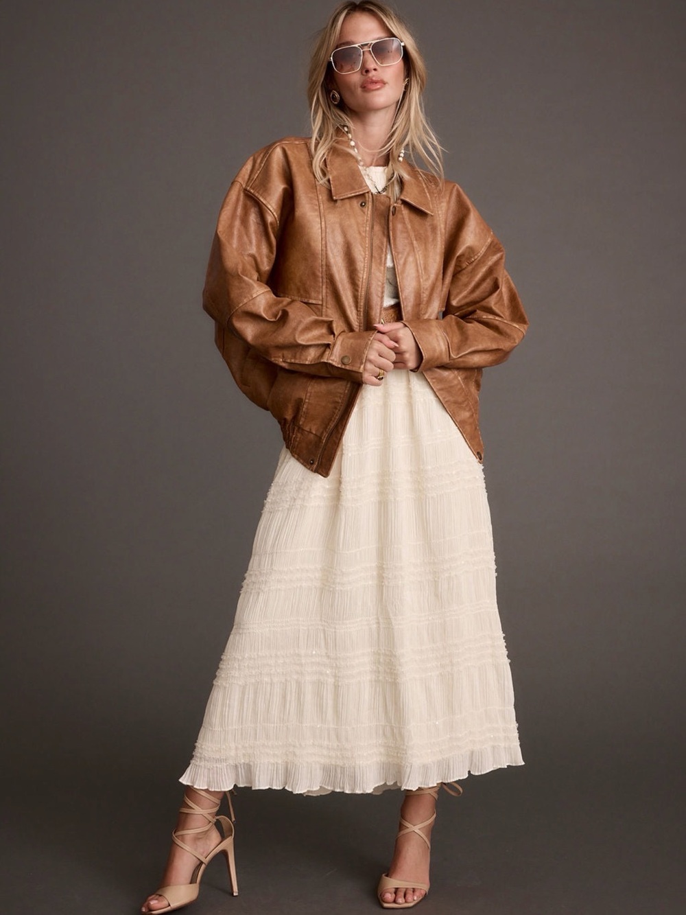 Cognac Oversized Leather Bomber
Jacket